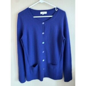 Kinross 100% Cashmere Knit Cardigan Sweater Blue Crew Neck Button Pockets M